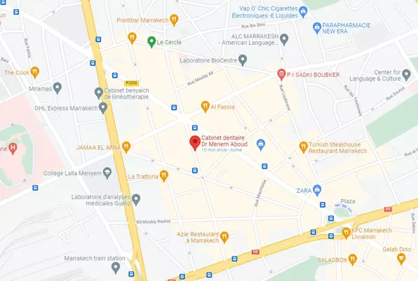 A map screenshot centered on the Guéliz neighborhood of Marrakech, pinpointing the location of Cabinet Dentaire Dr. Meriem Aboud among surrounding businesses and landmarks.